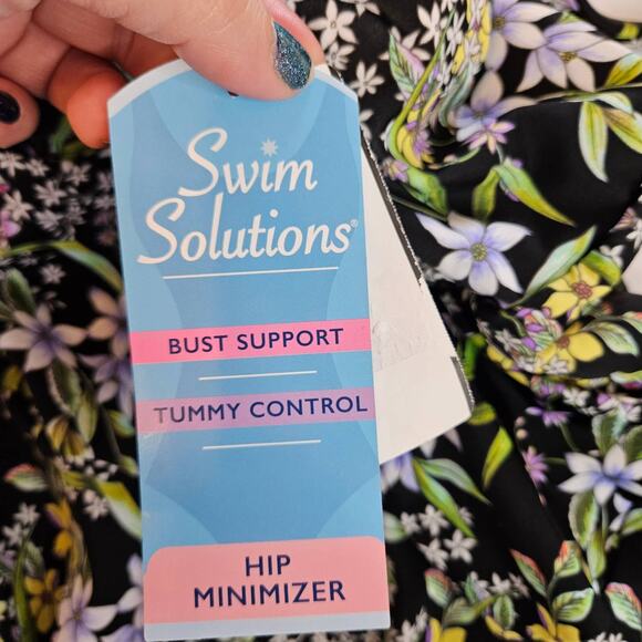 Swim Solutions Black Floral Prairie Flyaway Tummy-Control Swim Dress Plus 16W - Picture 8 of 12